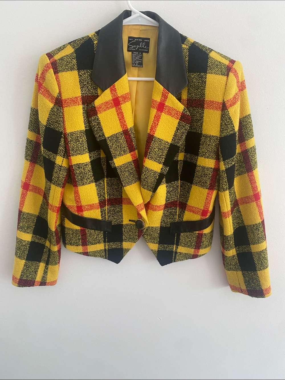 Vintage Suzelle Clueless Crop Yellow Plaid Tartan Wool Jacket Size 6